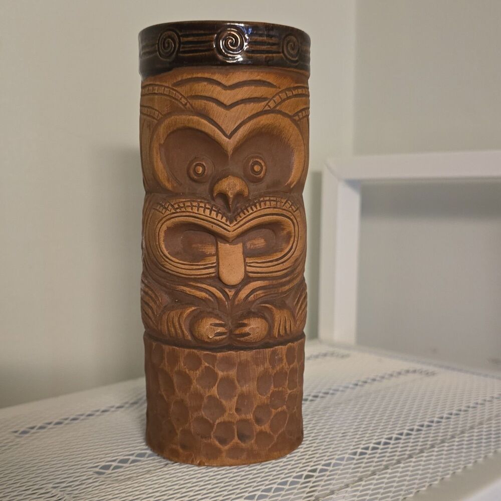 RAM Handmade Hawaiian Tiki Mug Brown Ceramic 7 Inch